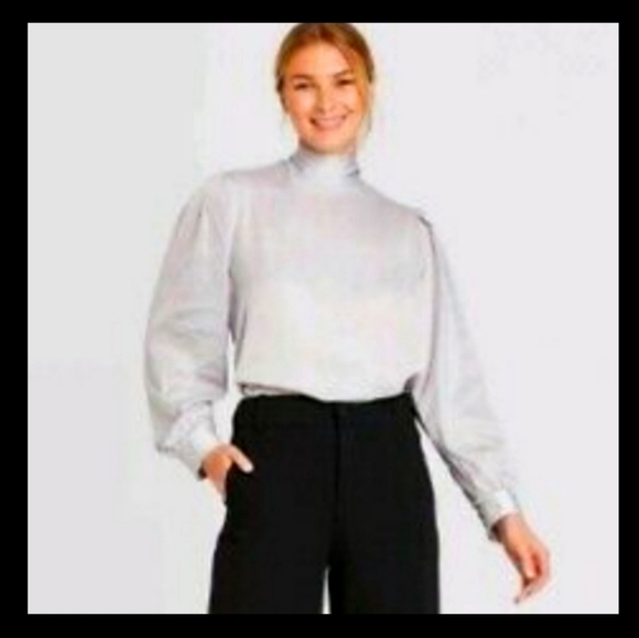 Prologue silver satin effect back tie high neck long sleeve blouse Sz XL NWOT - Picture 2 of 7
